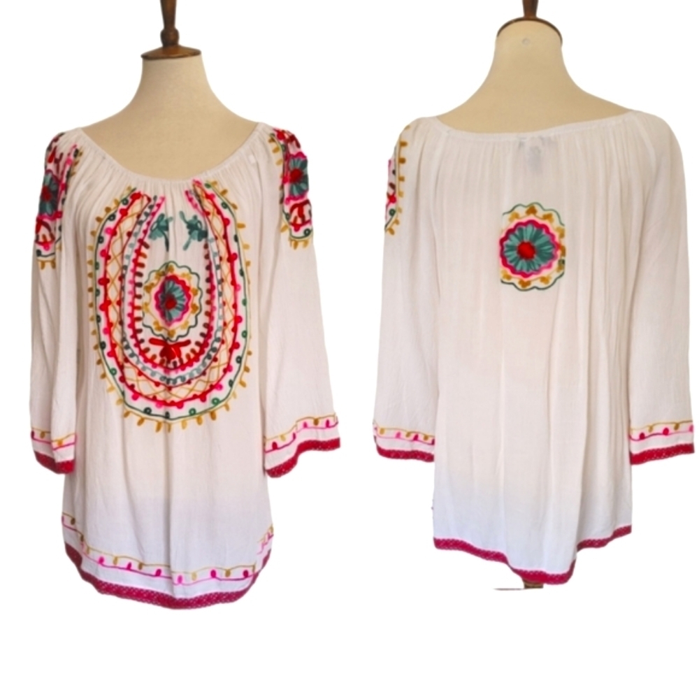 Vintage Embroidered Multicolor White Rayon‎ Tunic